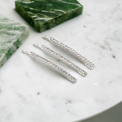 Silver & Diamante Hair Pin - Long (Set of 3)